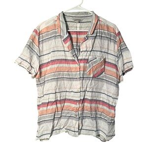 Hester & Orchard Linen Blend Button Down Shirt White Striped XL